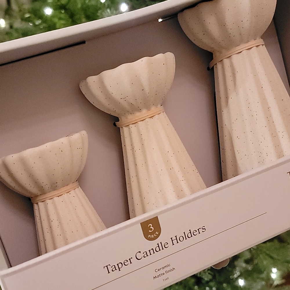 Last Day! Studio Mcgee Ceramic Ribbed Taper Candle Holders Set Beige Threshold - Picture 7 of 12